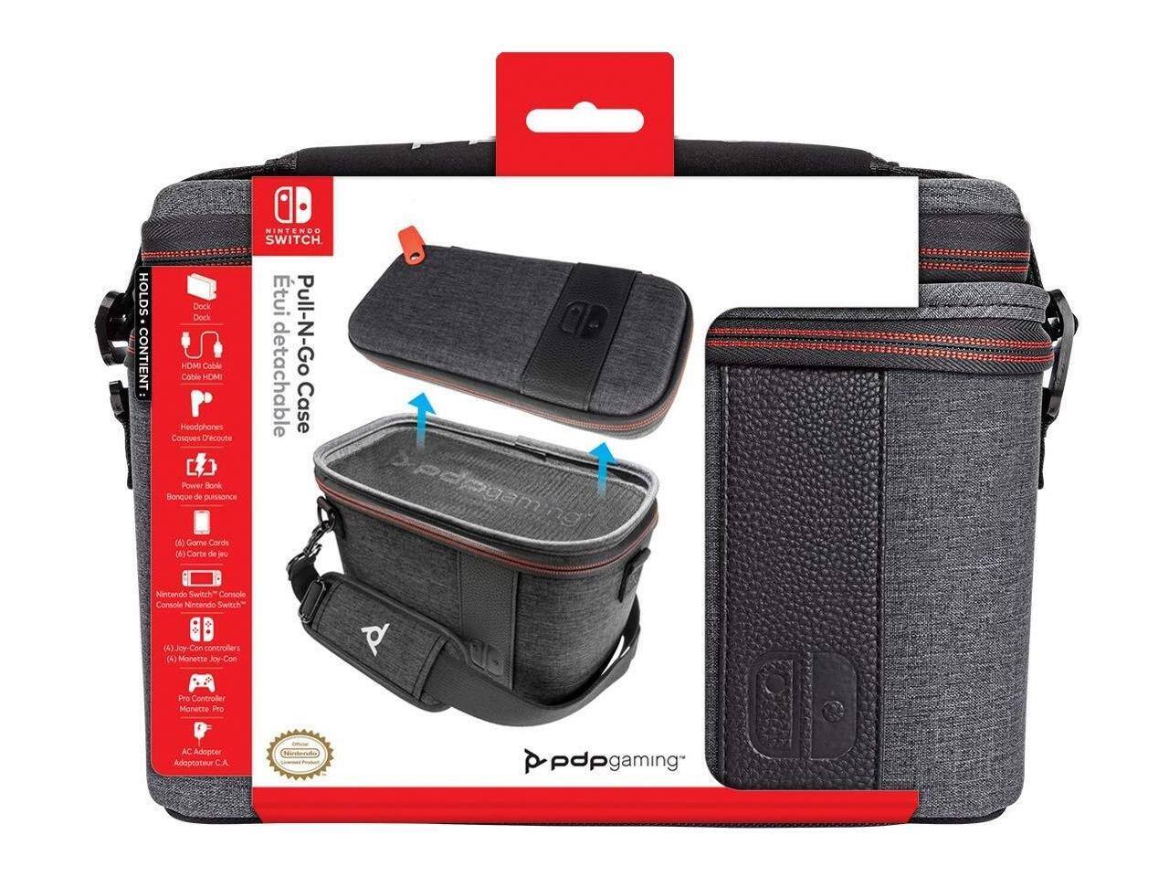 HOLDS CONTIENT:  
- Dock  
- HDMI Cable  
- Headphones  
- Power Bank  
- (6) Game Cards  
- Nintendo Switch Console  
- (4) Joy-Con Controllers  
- Pro Controller  
- AC Adapter  

Pull-N-Go Detachable Case  

Nintendo Switch  

PDP Gaming