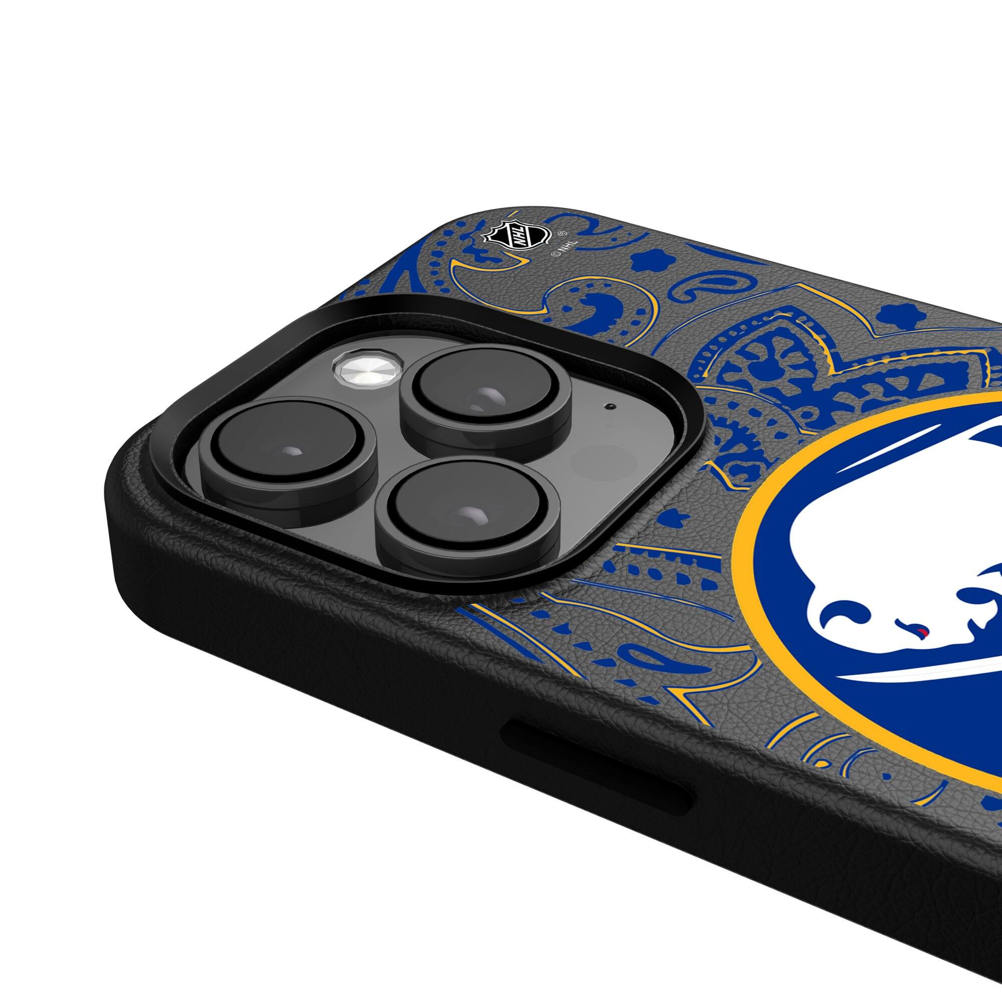 Alt View 3. Keyscaper - Black Buffalo Sabres Paisley iPhone Magnetic Bump Case - 13 - Black.