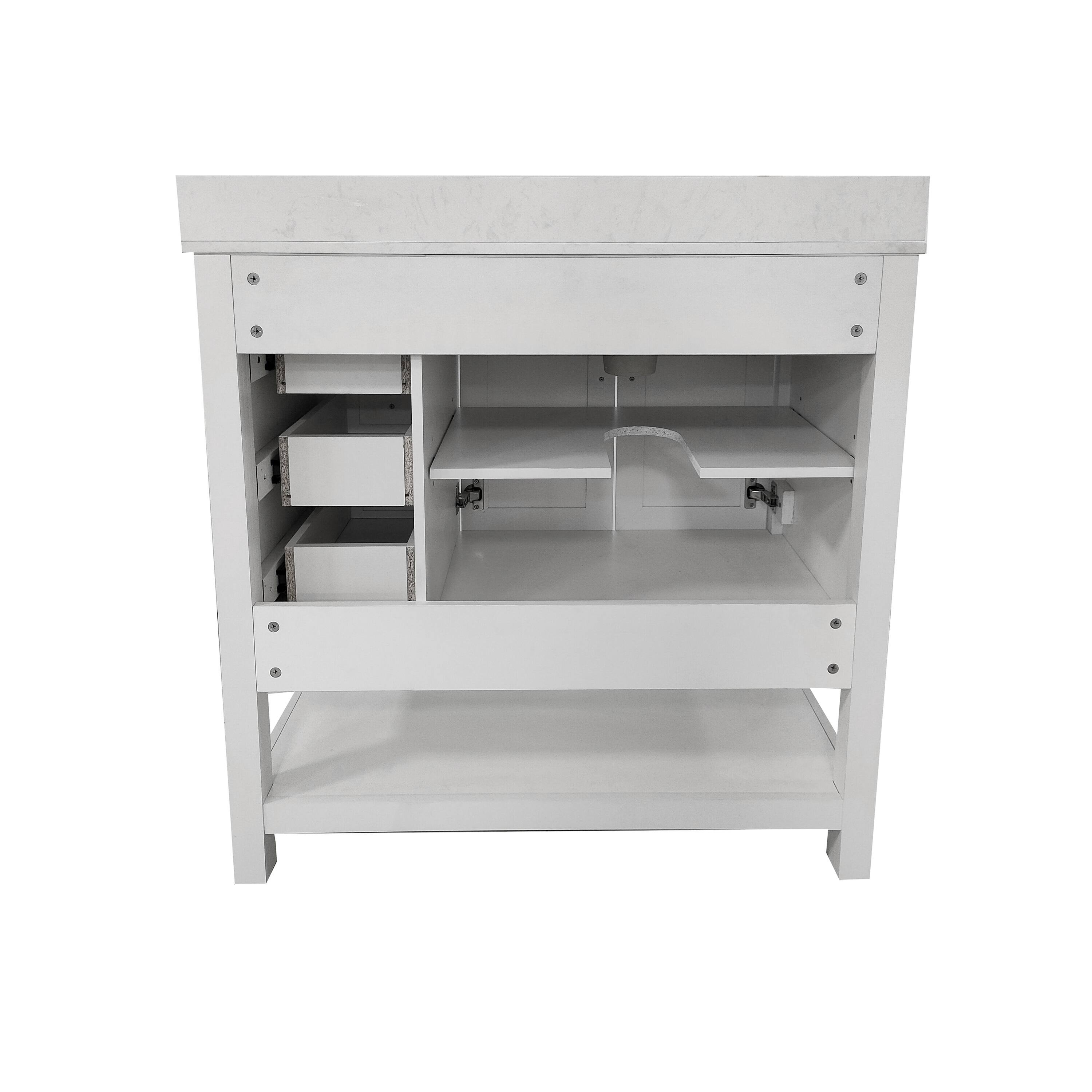 Back. Flash Furniture - Vega 36 Inch Bathroom Vanity with Sink, Storage Cabinet with Soft Close Doors, Open Shelf and 3 Drawers, Carrara Marble - White.