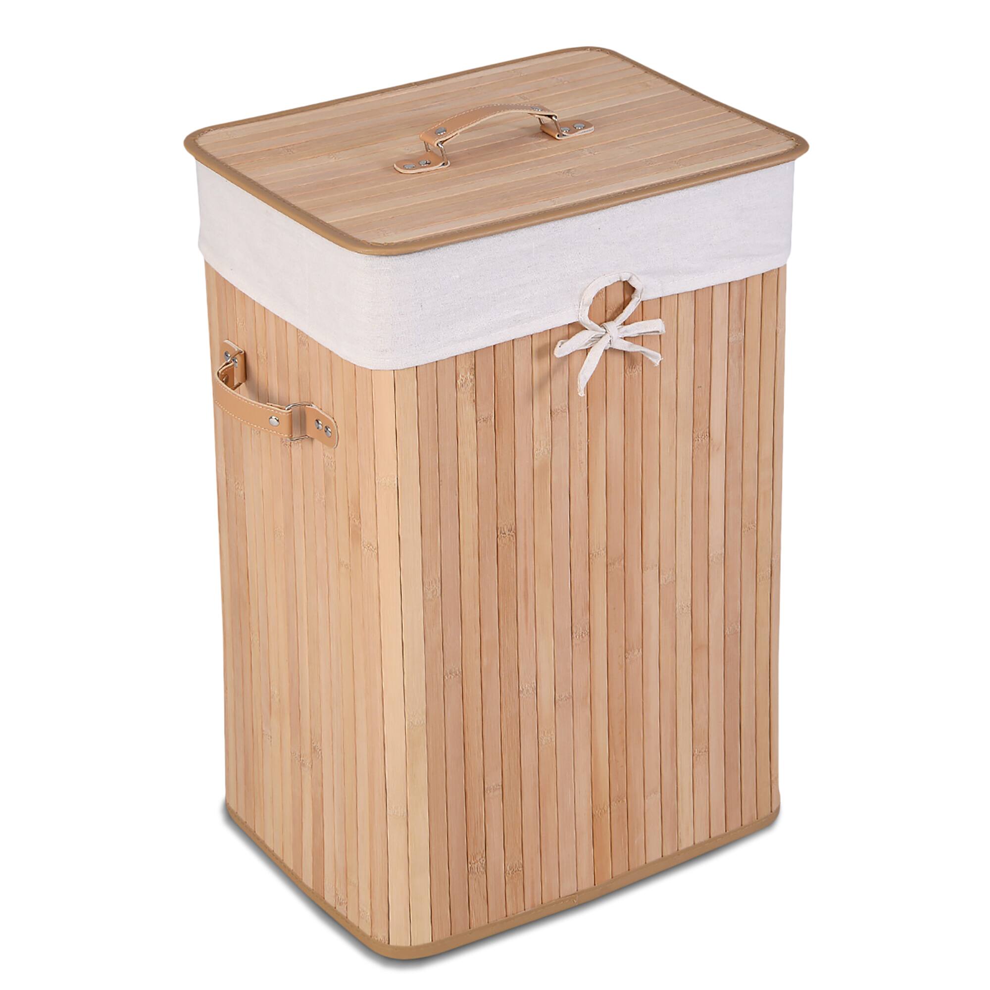 Costway - Rectangle Bamboo Hamper Laundry Basket Washing Cloth Bin Bag Lid Natural - Natural/White
