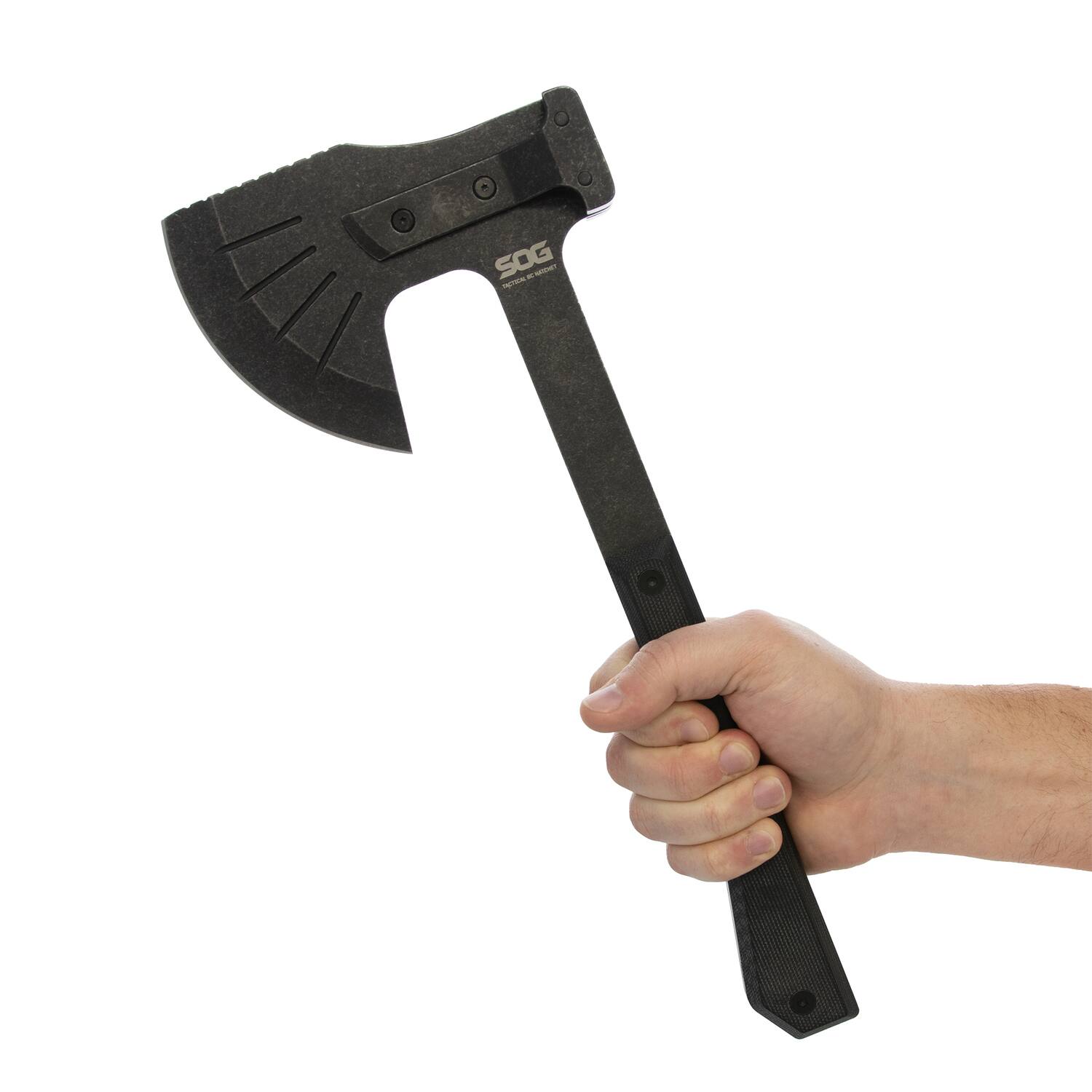 Angle. SOG - Tactical Bushcraft Hatchet with 4.24" Steel Cutting Head, Nylon Blade Cover.