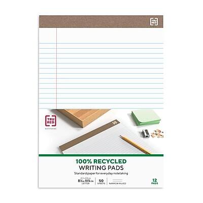 TRU RED  
100% RECYCLED WRITING PADS  
Standard paper for everyday notetaking  
8½ x 11 in  
50 sheets  
NARROW RULES  
12 pads