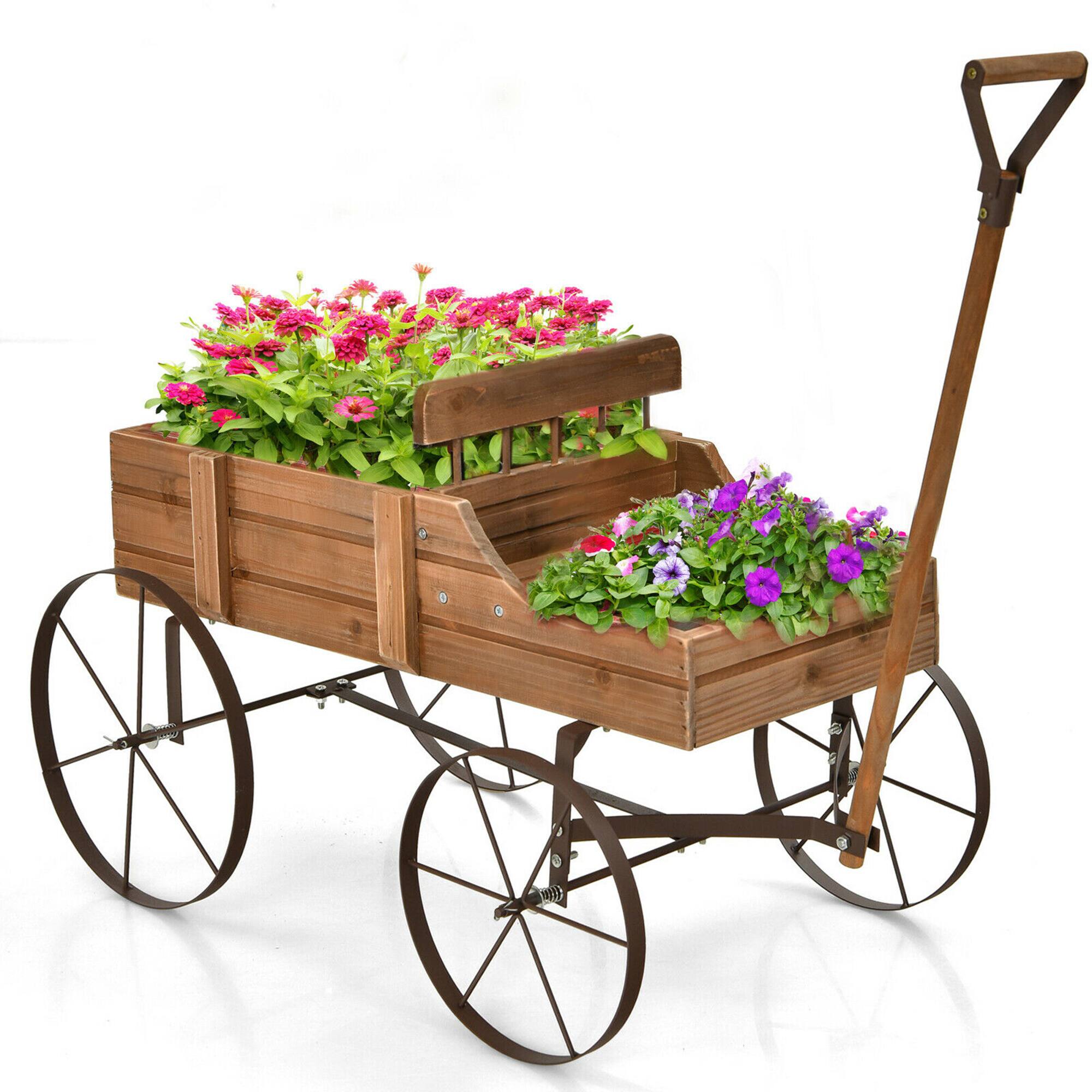 Front. Gymax - Gymax Garden Plant Planter Wooden Wagon Planter W/ Wheel Garden Yard Brown - Brown.