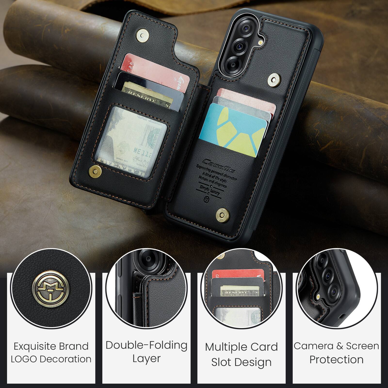 Exquisite Brand LOGO Decoration  
Double-Folding Layer  
Multiple Card Slot Design  
Camera & Screen Protection
