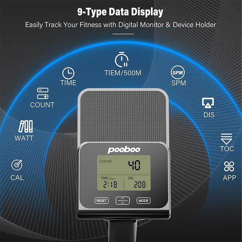 9-Type Data Display  
Easily Track Your Fitness with Digital Monitor & Device Holder  

- TIME  
- TIEM/500M  
- SPM  
- COUNT  
- WATT  
- CAL  
- DIS  
- TOC  
- APP  

pooboo  
COUNT: 40  
TIME/500M: 2:18  
DIS: 208  

RESET MODE