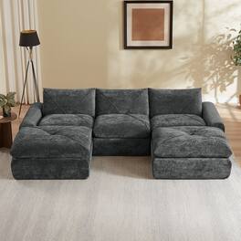 Loheer - Chenille Sectional Sofa Modern Minimalist Couch with Ottoman for Living Room - Dark Gray
