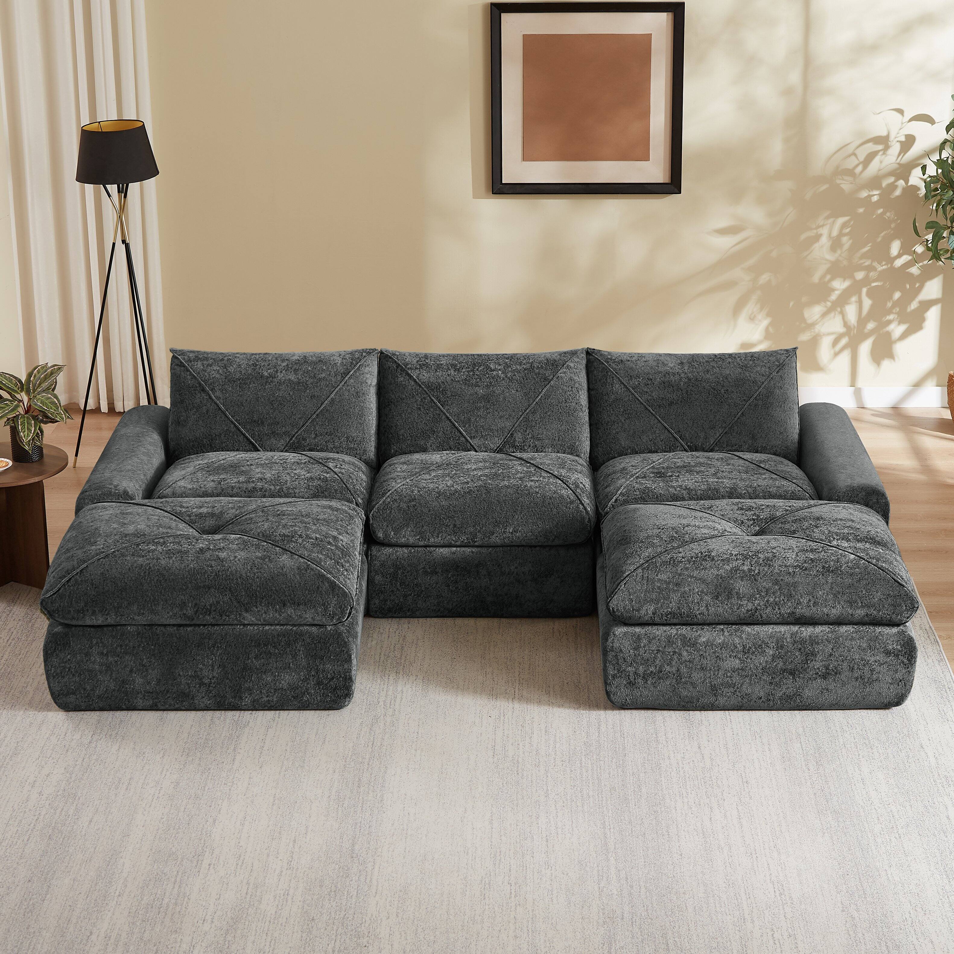 Front. Loheer - Loheer Chenille Sectional Sofa Modern Minimalist Couch with Ottoman for Living Room - Dark Gray.