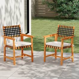 Costway - Solid Acacia Wood Patio Chair Set of 2 with Padded Seat Cushion Washable Covers - Natural,Black