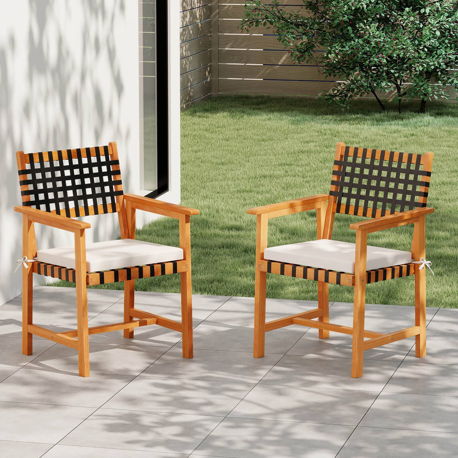 Alt View 1. Costway - Costway Solid Acacia Wood Patio Chair Set of 2 with Padded Seat Cushion Washable Covers - Natural,Off White.