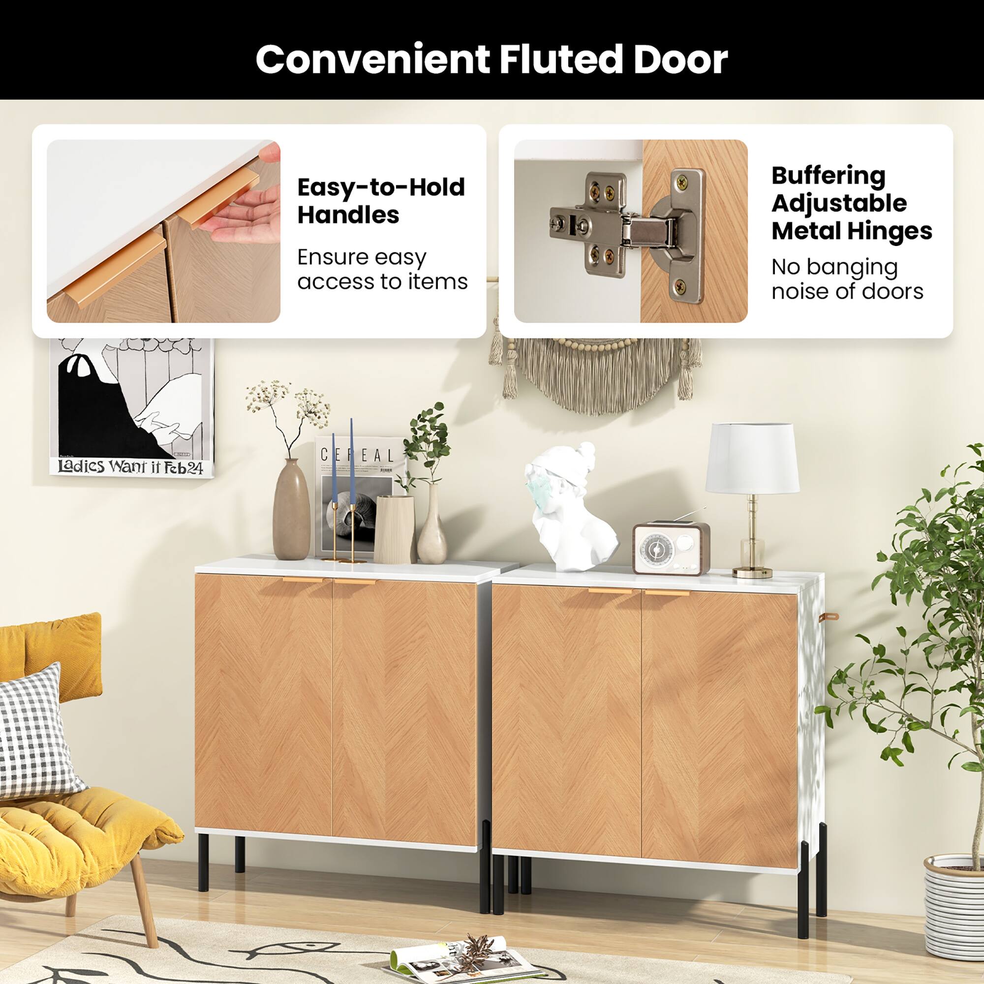 Convenient Fluted Door

Easy-to-Hold Handles  
Ensure easy access to items

Buffering Adjustable Metal Hinges  
No banging noise of doors