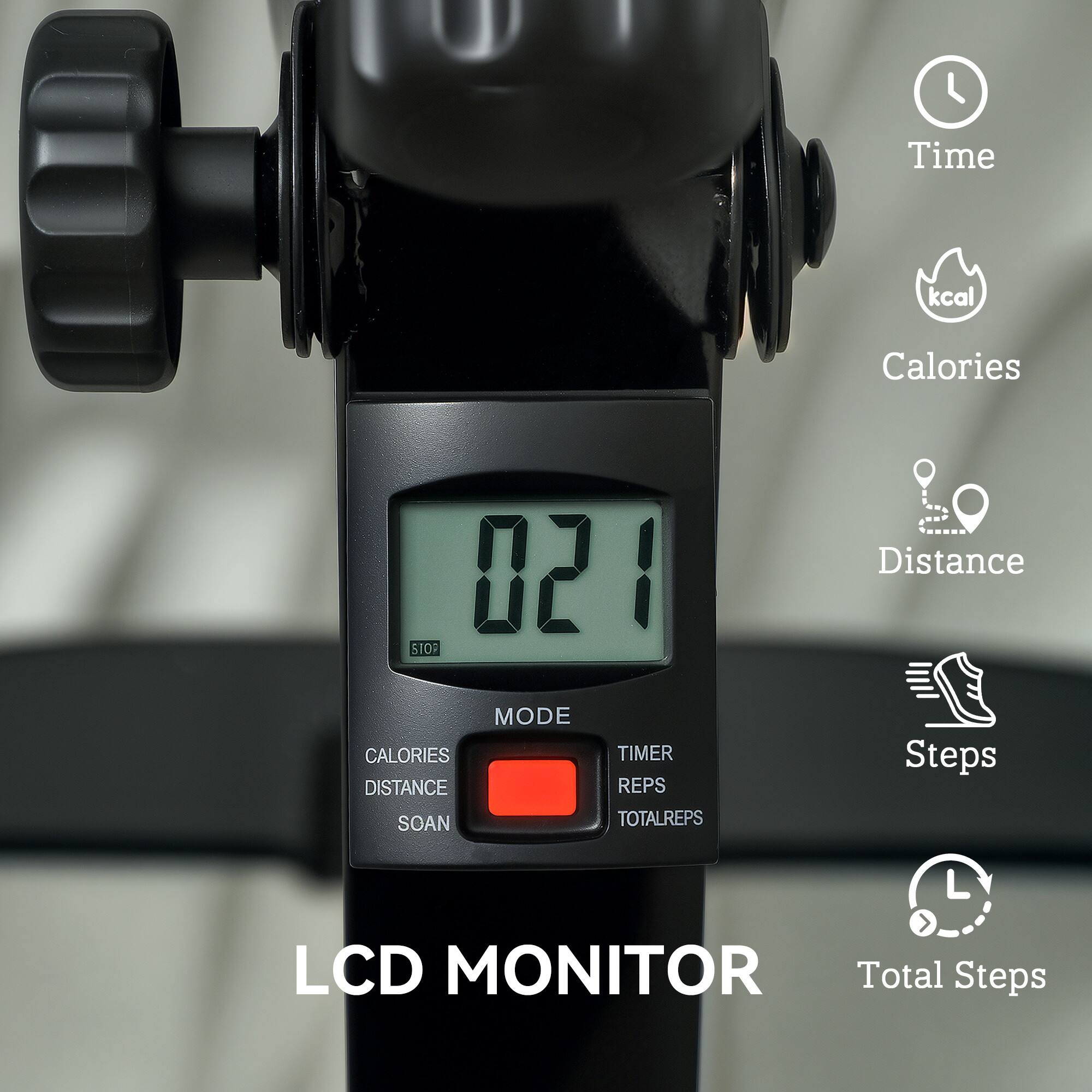 The corrected text is:

- Time
- Calories
- Distance
- Mode
- Timer
- Distance
- Reps
- Scan
- Total Reps
- Steps
- LCD Monitor
- Total Steps