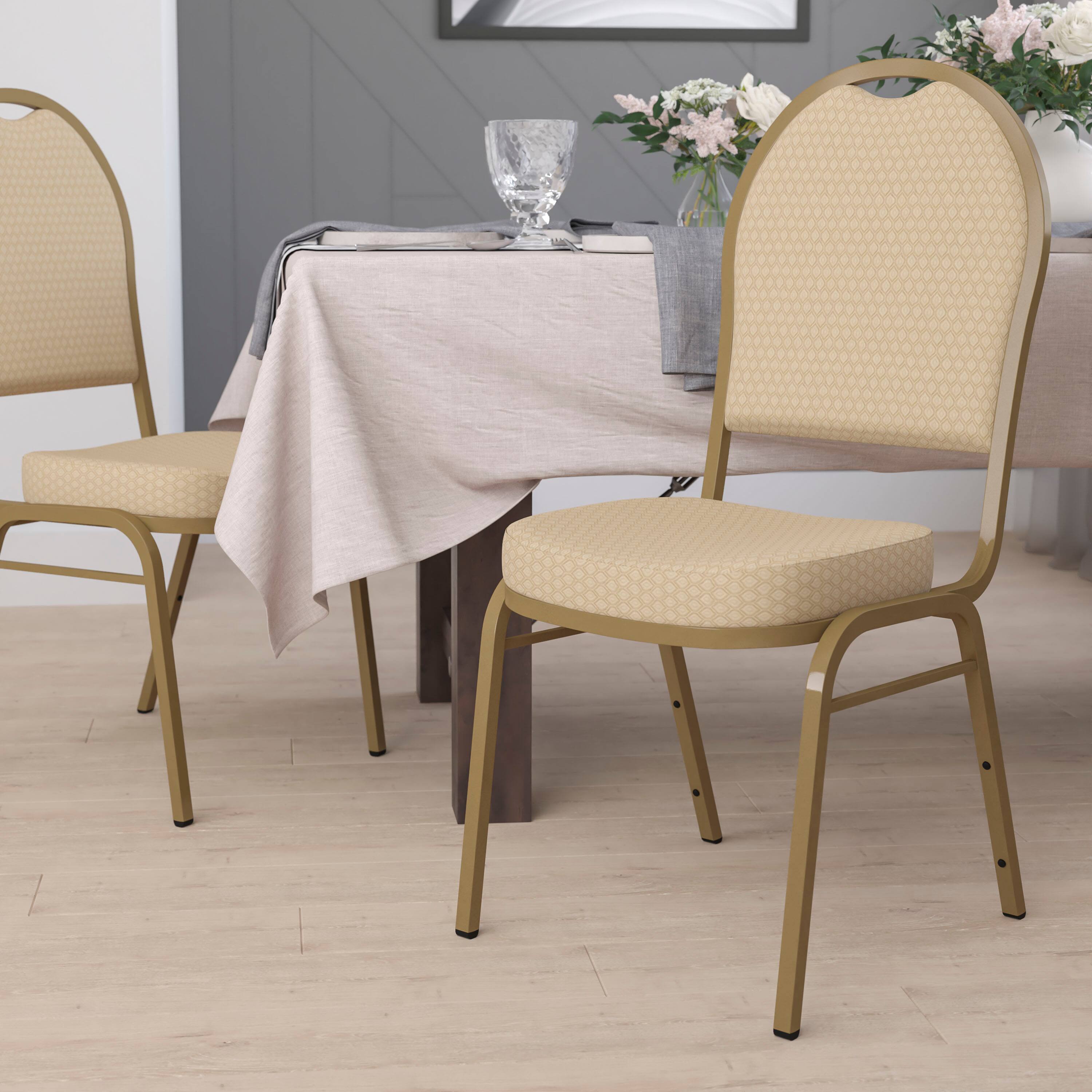 Alt View 1. Emma + Oliver - Dome Back Stacking Banquet Dining Chair - Beige Patterned Fabric/Gold Frame.