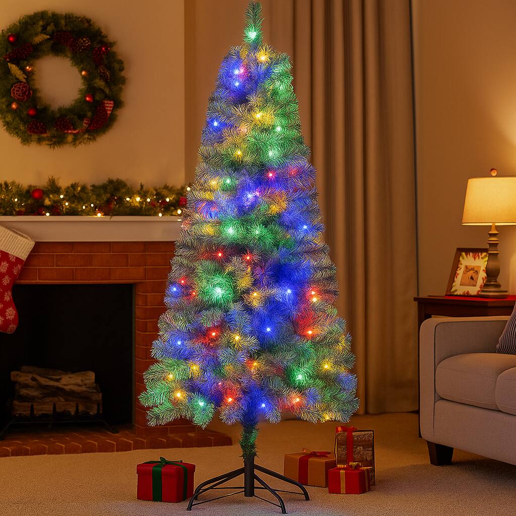 Front. BreeBe - Prelit Slim Blue Tree with 9 Lighting Effects – Artificial Christmas Tree - Blue.