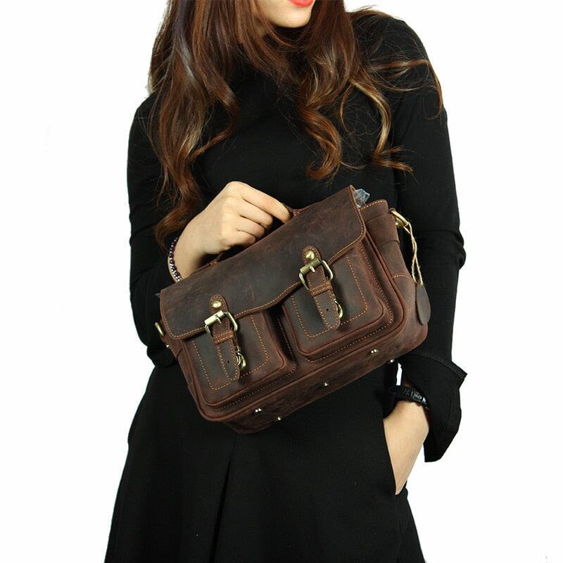 Back. Steel Horse Leather - The Faust Leather Crossbody Messenger Camera Bag - Brown.