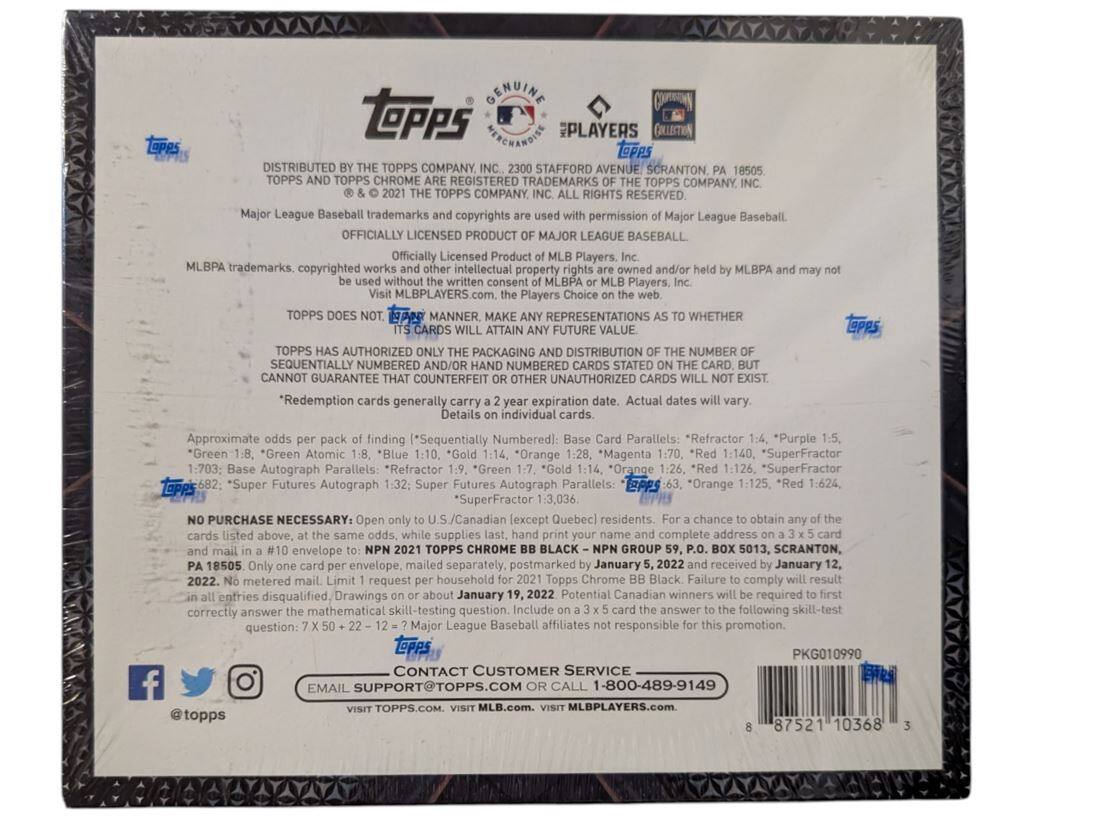 **Topps**

**Genuine Topps**

**Distributed by The Topps Company, Inc., 2300 Stafford Avenue, Scranton, PA 18505**

**© 2021 The Topps Company, Inc. All Rights Reserved.**

**Trademarks and copyrights are used with permission of Major League Baseball.**

**Officially Licensed Product of Major League Baseball.**

**MLBPA trademarks, copyrighted intellectual property rights are owned and/or held by MLBPA and may not be used without written consent. MLBPA Players, MLBPLAYERS.com**

**Topps does not make any representations as to whether the cards will attain any future value.**

**Topps has authorized only the packaging and distribution of the numbered cards stated on the card. Cannot guarantee that counterfeit or other unauthorized cards will not exist.**

**Redemption generally carries a 2-year expiration date. Actual dates will vary.**

**Approximate odds per pack of finding (*Sequentially Numbered):**

- Base Card Parallels: *Refractor 1:140, *Green 1:18, *Green Atomic 1:18, *Orange 1:28, *Magenta 1:7