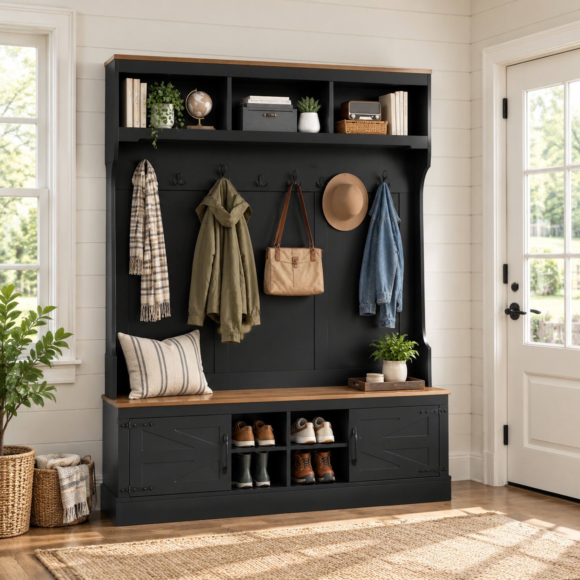Left. RYHNUYNE - VIBE HAUS 71 in Farmhouse Hall Tree, Entryway Bench, 7 Hooks, 4 Shoe Cubbies, 3 Top Cubbies, White - Black.