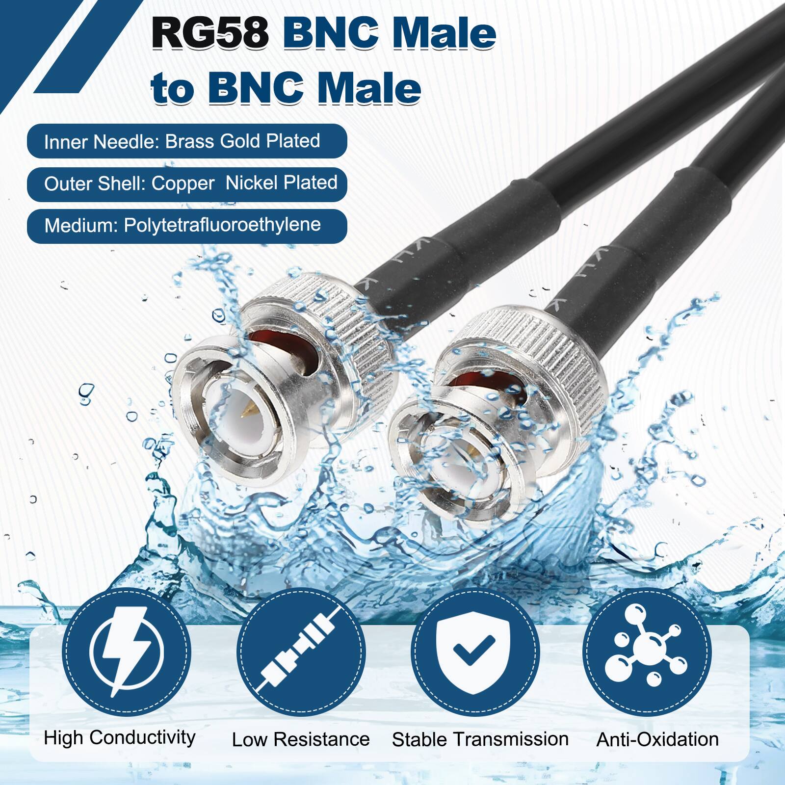 RG58 BNC Male to BNC Male

Inner Needle: Brass Gold Plated  
Outer Shell: Copper Nickel Plated  
Medium: Polytetrafluoroethylene  

High Conductivity  
Low Resistance  
Stable Transmission  
Anti-Oxidation