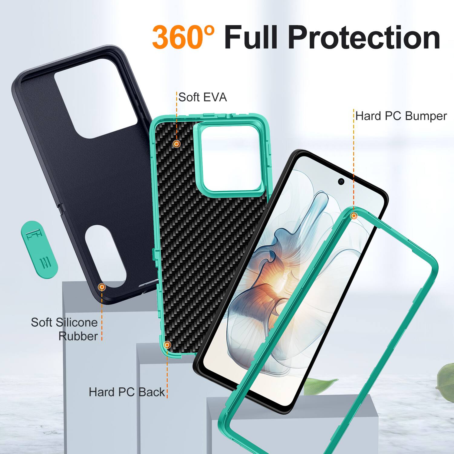 360° Full Protection

- Soft EVA
- Hard PC Bumper
- Soft Silicone Rubber
- Hard PC Back