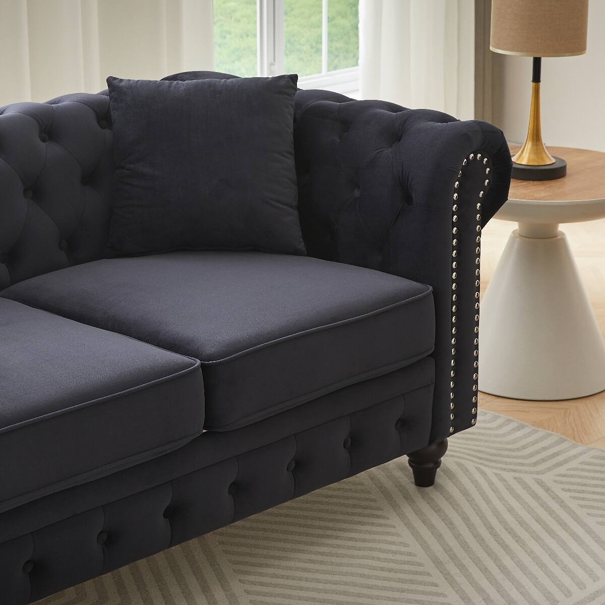 Alt View 3. Ropilly - Ropilly Black Velvet Chesterfield Sofa, Button Tufted 2 Seat Living Room Sofa with Pillows - Black.