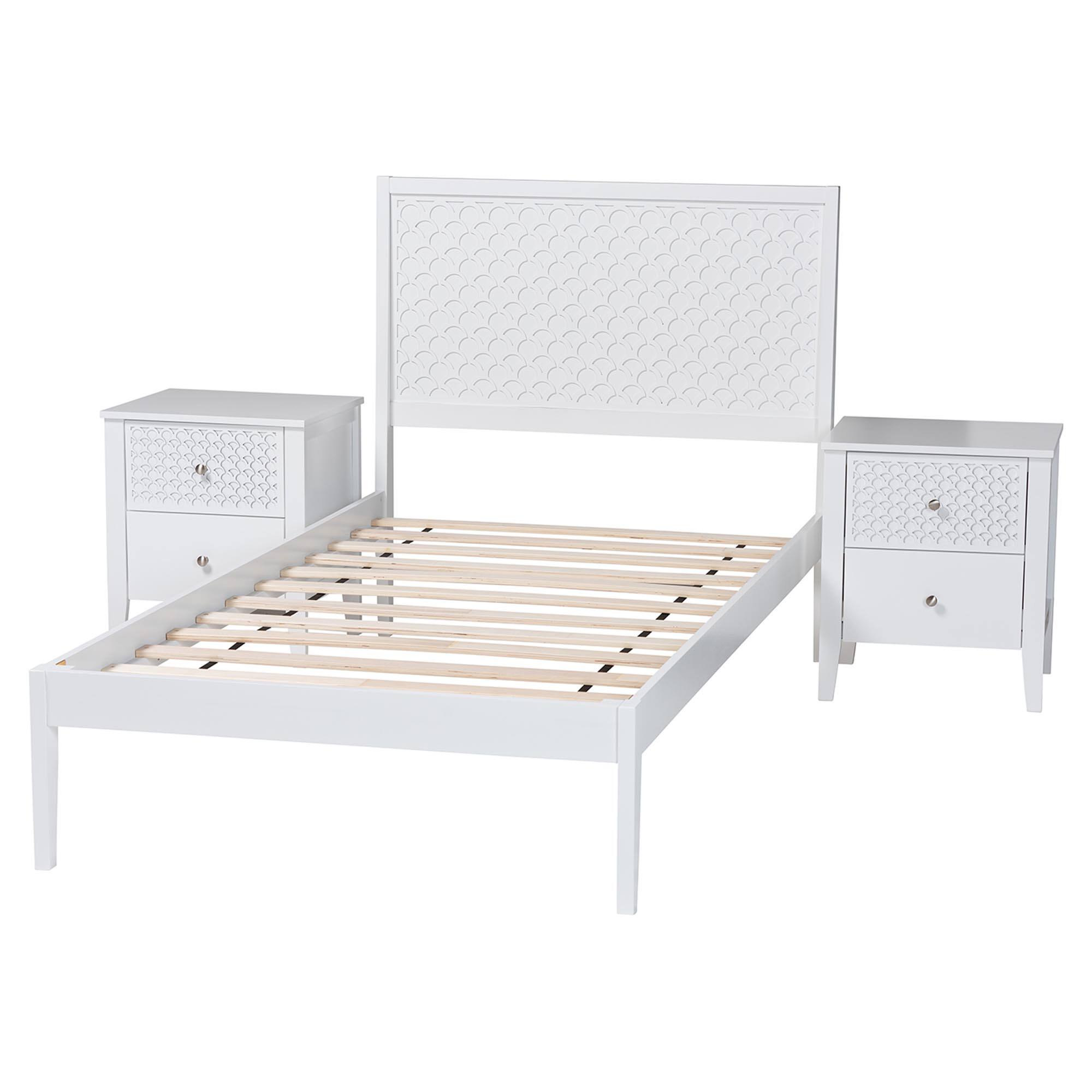 Angle. Baxton Studio - Lara Twin 3-Piece Bedroom Set - Modern Wood Bed Frame with Matching Nightstands - White.