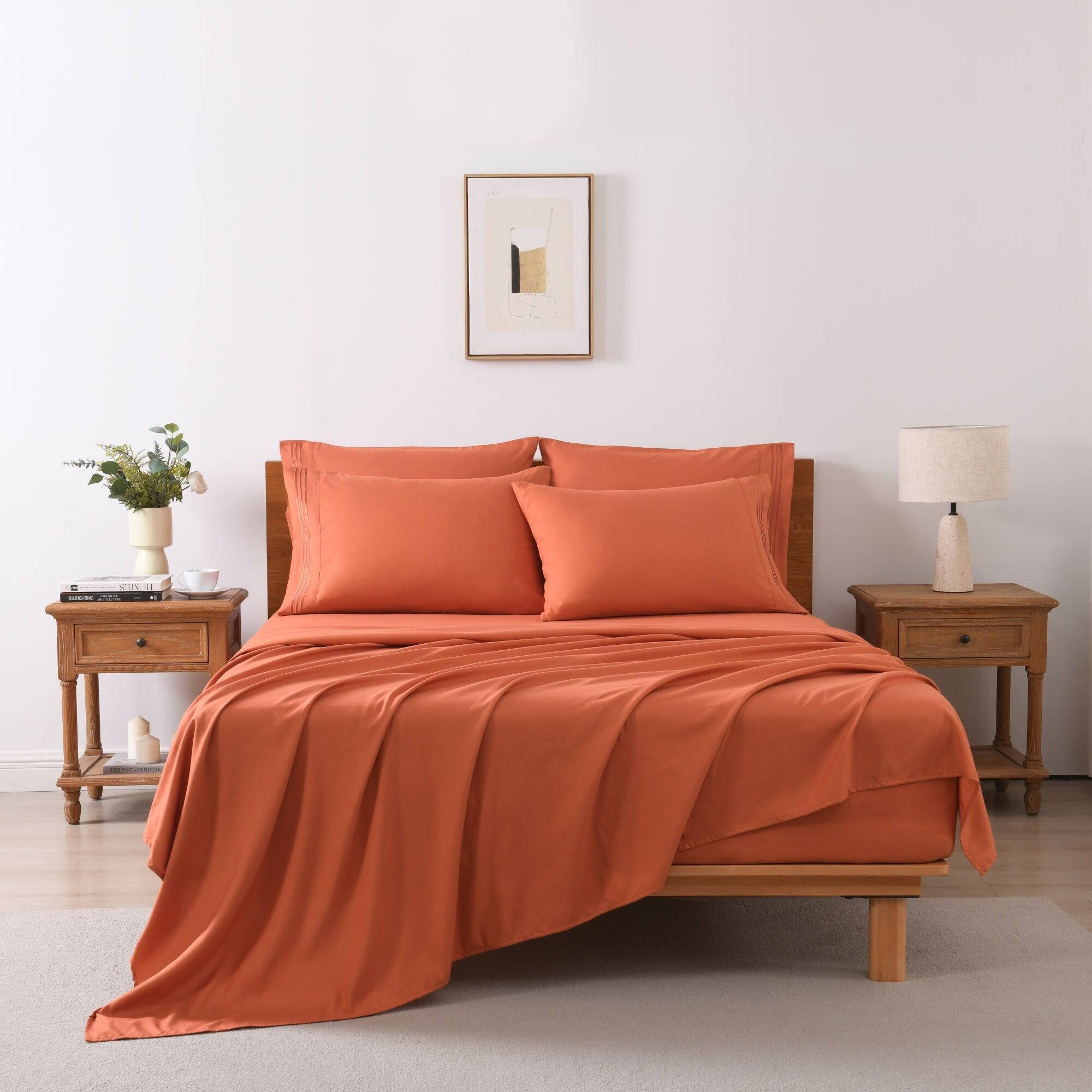 Angle. MarCielo - Marcielo 4/6 Pcs Soft Solid & Embroidery Bed Sheets Set - Salmon.