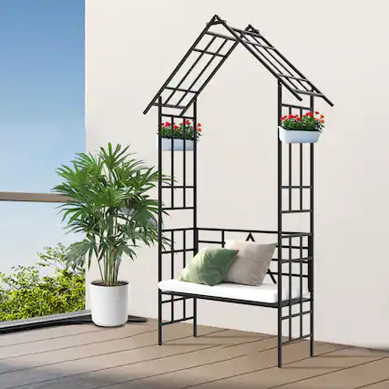 Front. Loheer - 4.84 ft Metal Garden Arch with Bench Rose Trellis Arbor for Outdoor Climbing Plants - Black.