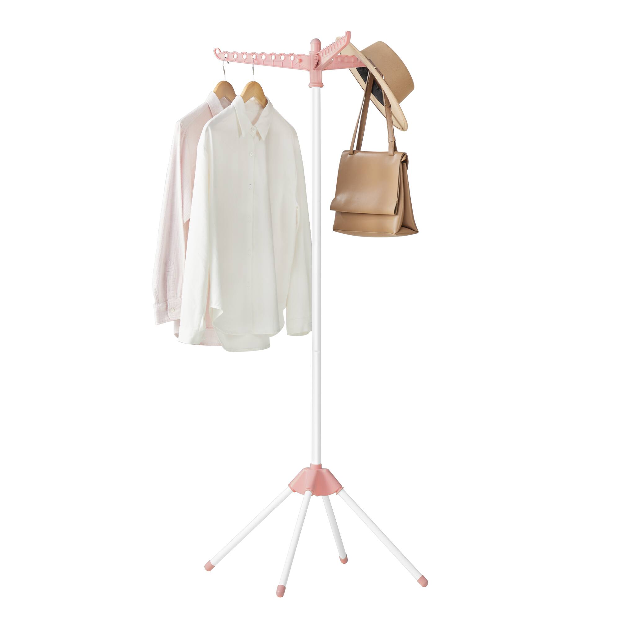 Front. Songmics Home - Clothes Drying Rack, 59-Inch Folding Laundry Drying Rack with 3 Rotatable Arms for Hangers, 4 Legs, Stainless Steel - Pink and White.