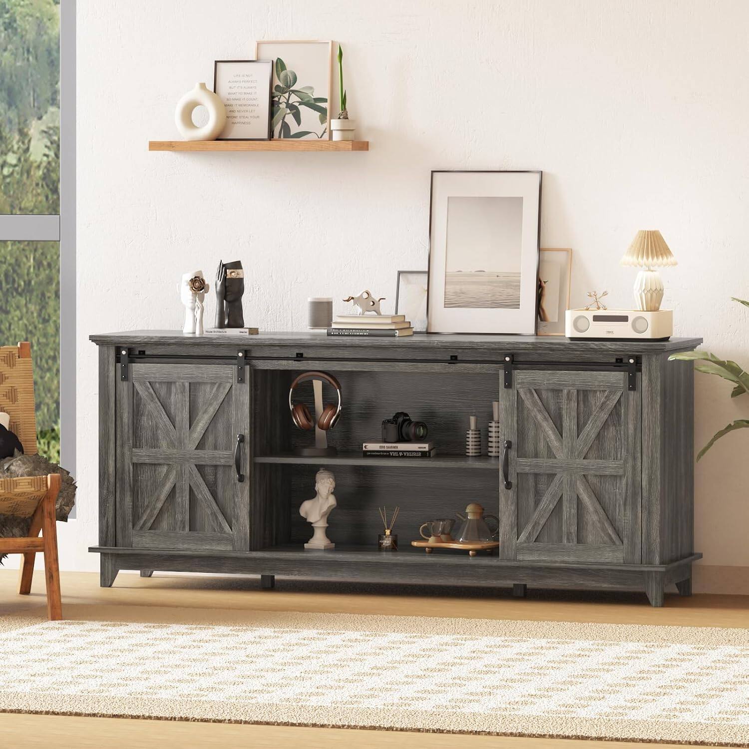 Alt View 2. GARVEE - Modern Farmhouse TV Stand, 66", Sliding Barn Doors, Storage, Power & USB, TV up to 75", Dark Oak - Oak.