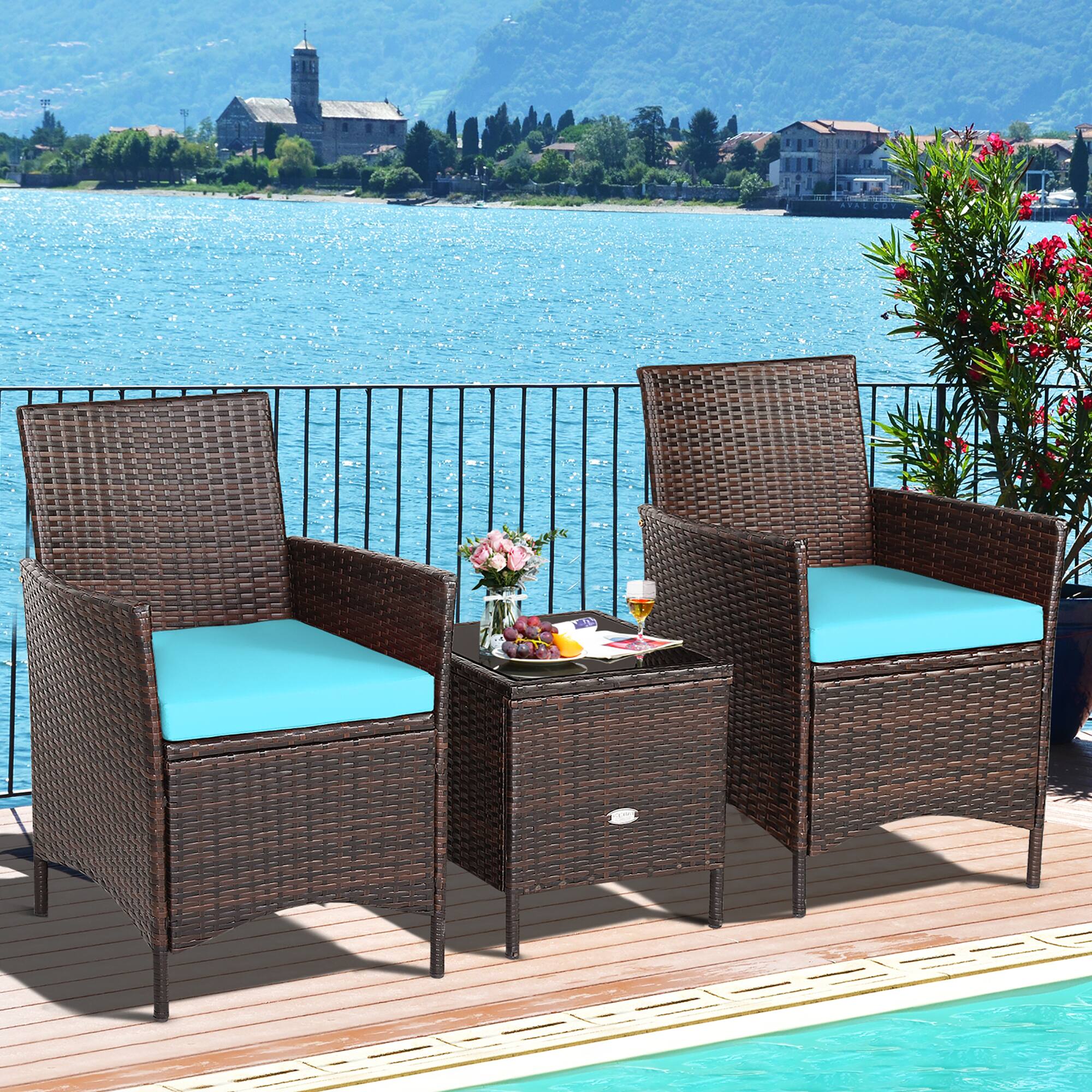 Alt View 3. Costway - 3PCS Patio Rattan Furniture Set Cushioned Sofa Glass Tabletop Deck - Blue,Mix Brown.