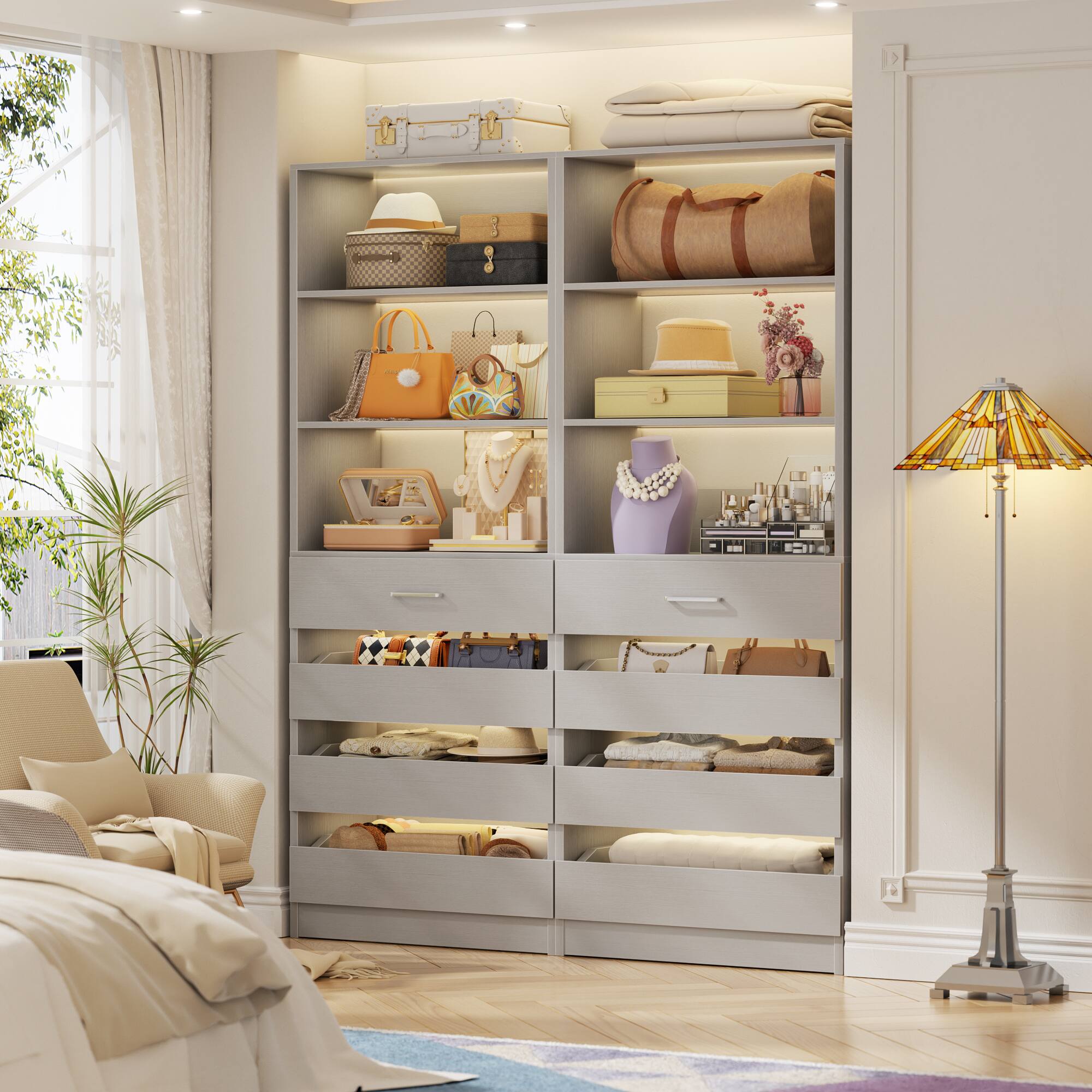 Left. Aheaplus - 2 Pack-Premium Wood Pantry Cabinet: 4 Drawers, 3 Shelves, Wall-Fit Design for Organized Kitchen Storage - Gray.