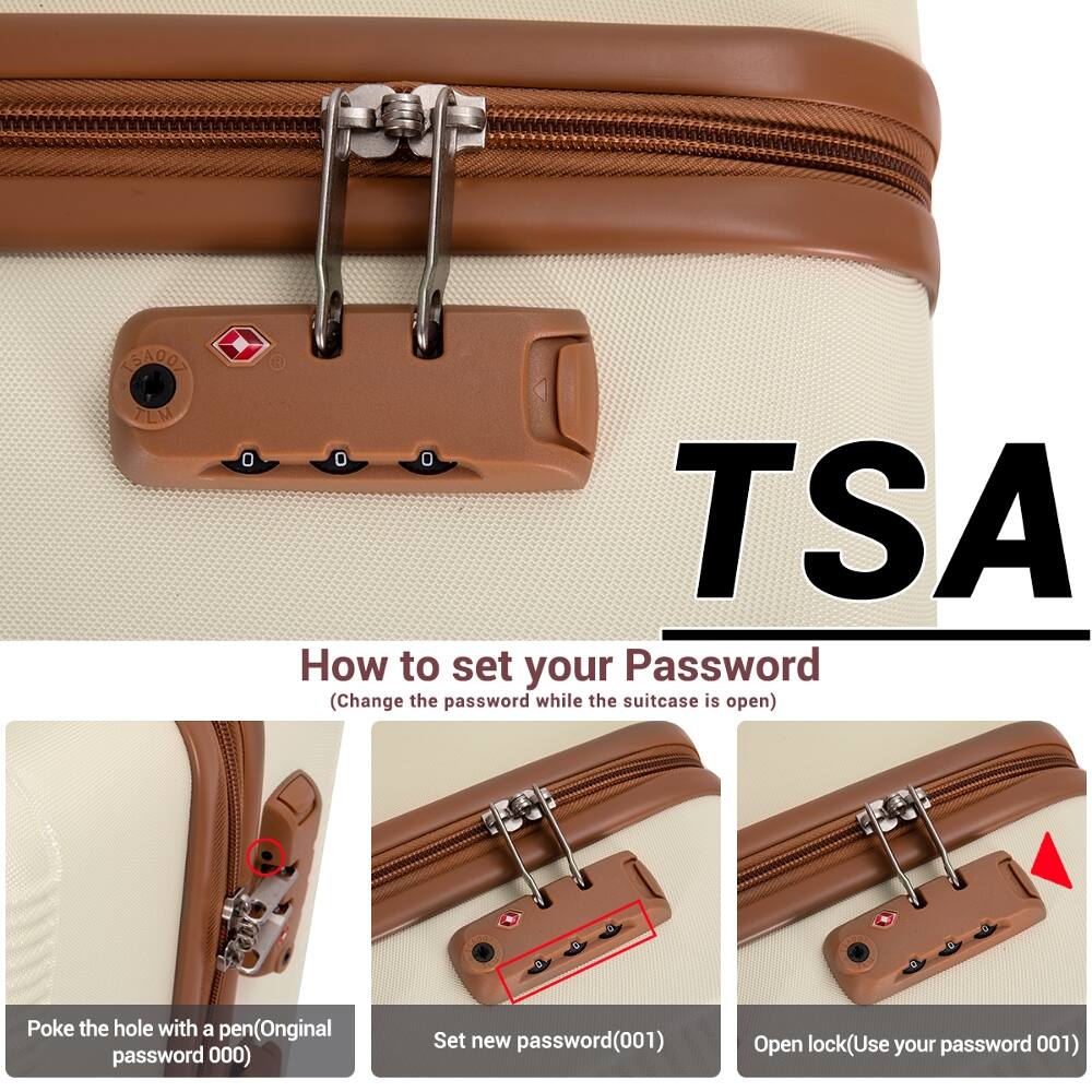 TSA
How to set your Password (Change the password while the suitcase is open)
Poke the hole with a pen (Original password 000)
Set new password (001)
Open lock (Use your password 001)