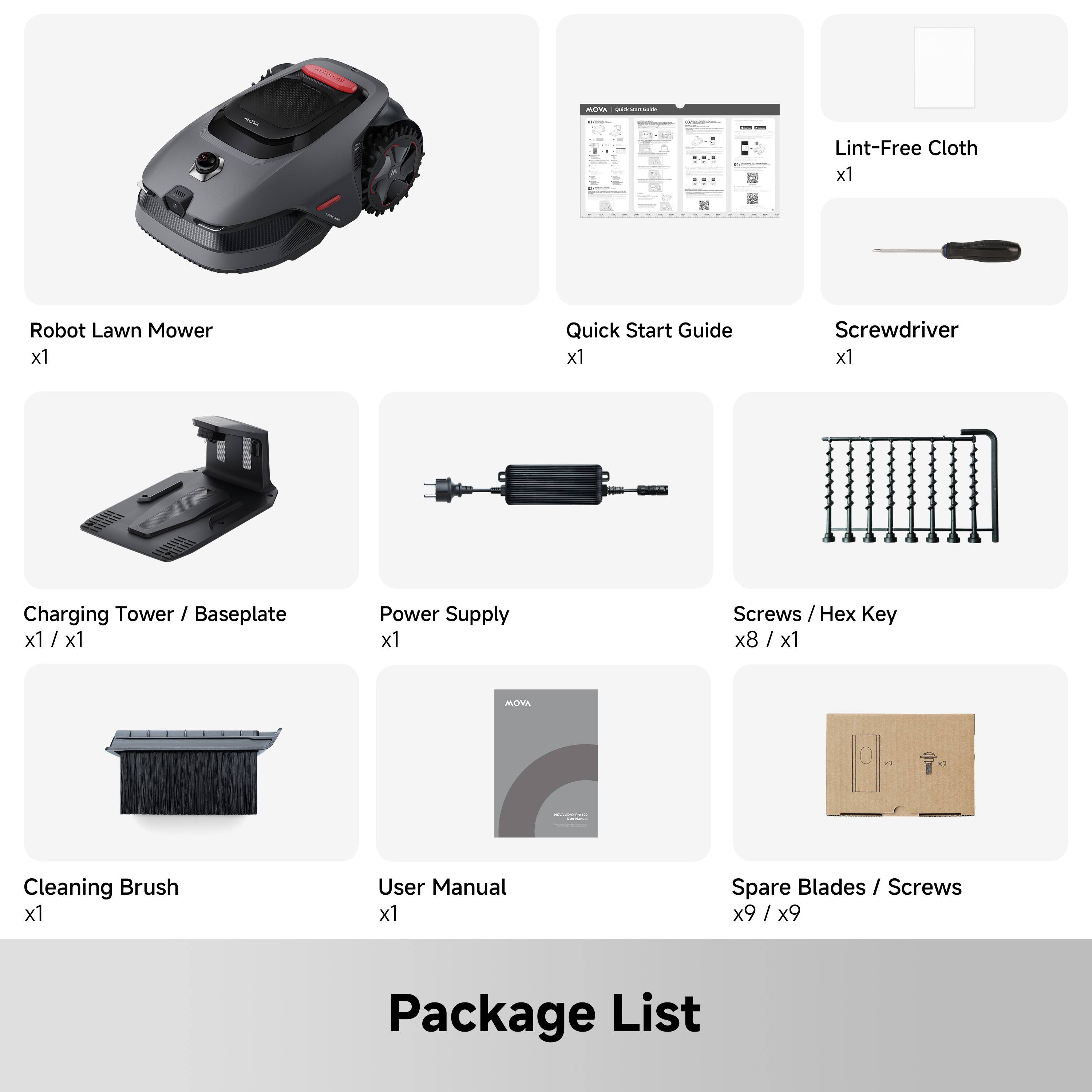 das : : T I ete Lint-Free Cloth x1 Robot Lawn Mower x1 Quick Start Guide x1 Screwdriver x1 Charging Tower / Baseplate x1 / x1 Power Supply x1 Screws / Hex Key x8 / x1 Manual Cleaning Brush x1 User Manual x1 Spare Blades / Screws x9 / x9 / x9 Package List