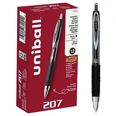 207 uniball 2 512256 P03 o unibelt 2077 61255 Smooth, Quick Drying Gel Ink Encre Gel Lisse A Schage Rapide Black Nair Micro 0.5mm uniball Protects FADING FRAUO WATER uni 12 Textured Comfort are Priee Testure Confortabie 207 SIgNo 207
Corrected and grouped text:
- **Product Name:** uniball 207
- **Features:**
- Smooth, Quick Drying Gel Ink
- Encre Gel Lisse A Schage Rapide
- Black (Nair)
- Micro 0.5mm
- Protects FADING
- WATER
- **Additional Information:**
- 12 Textured Comfort
- Texturé Confortable
- 61255
- **Packaging:**
- uniball 207
- 207
- **Barcode:** 6 1255