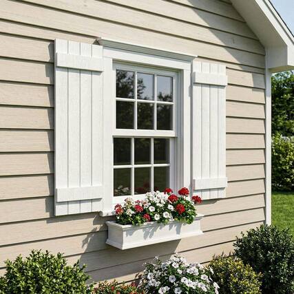 Front. Kadyn - Classic Board & Batten Faux Shutters with 2 Horizontal Bars for Timeless and Durable Exterior Elegance, 14"x31", White - White.