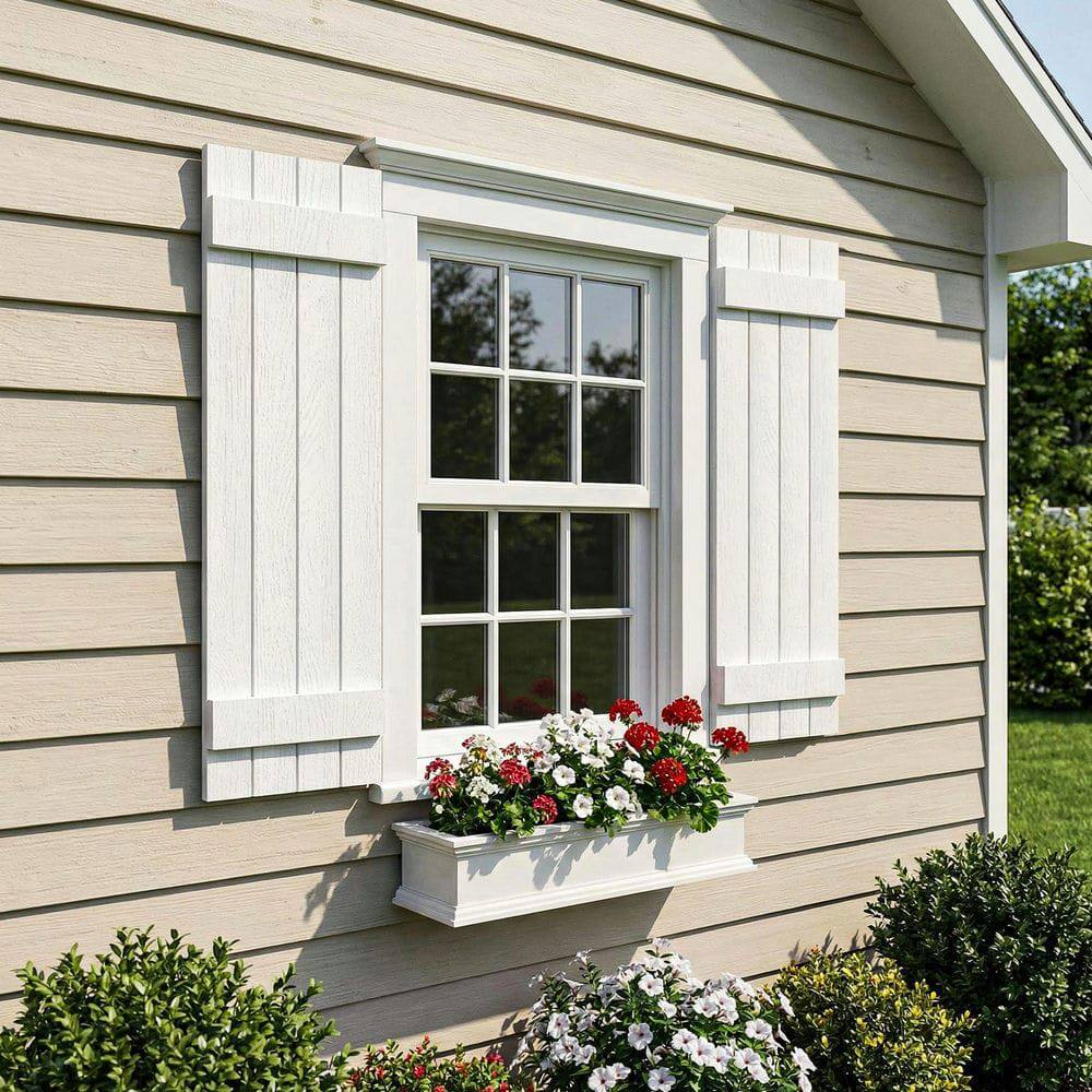 Front. Kadyn - Classic Board & Batten Faux Shutters with 2 Horizontal Bars for Timeless and Durable Exterior Elegance, 14"x31", White - White.