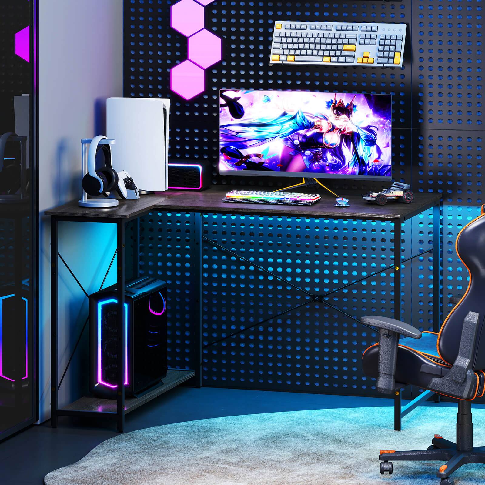 Alt View 1. Costway - Costway 47" Reversible Corner Desk with Power Outlet Adjustable Side Storage Shelves - Gray.