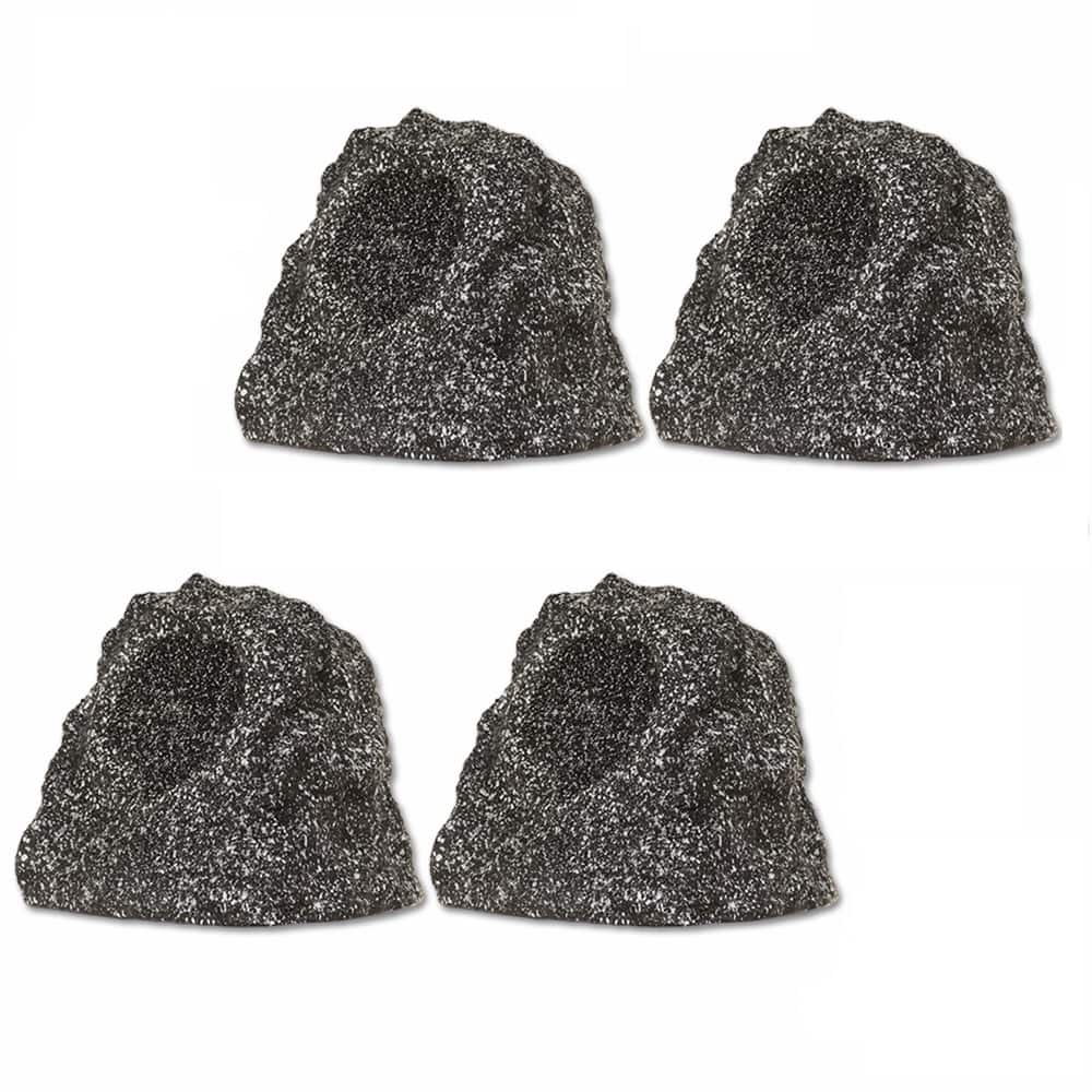 Theater Solutions by Goldwood - B41GG Fully Wireless Rechargeable Battery Bluetooth Outdoor Rock 4 Speaker Set Link Up to 99 Speakers Wirelessly - Granite Gray