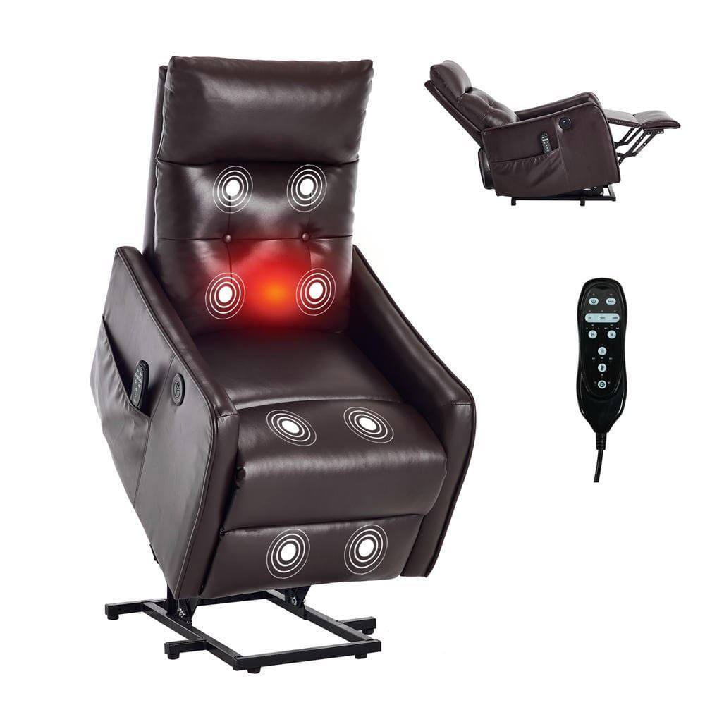 Angle. Kadyn - Power Lift Recliner Chair, Single Motor Massage & Heat, USB Port, 155° Recline, PU Leather, Dark Brown - Brown.