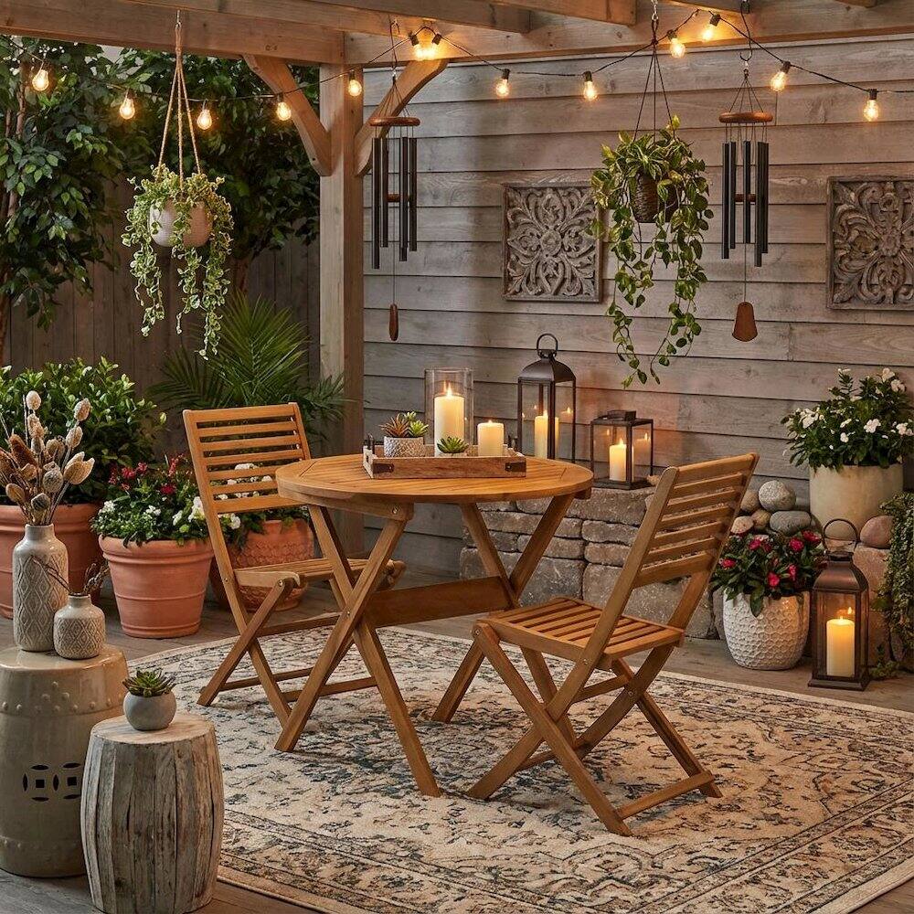 Alt View 3. Outdoor Escape - Oil-Finish Round Patio Table Set with 2 Folding Chairs - Multi-Color.