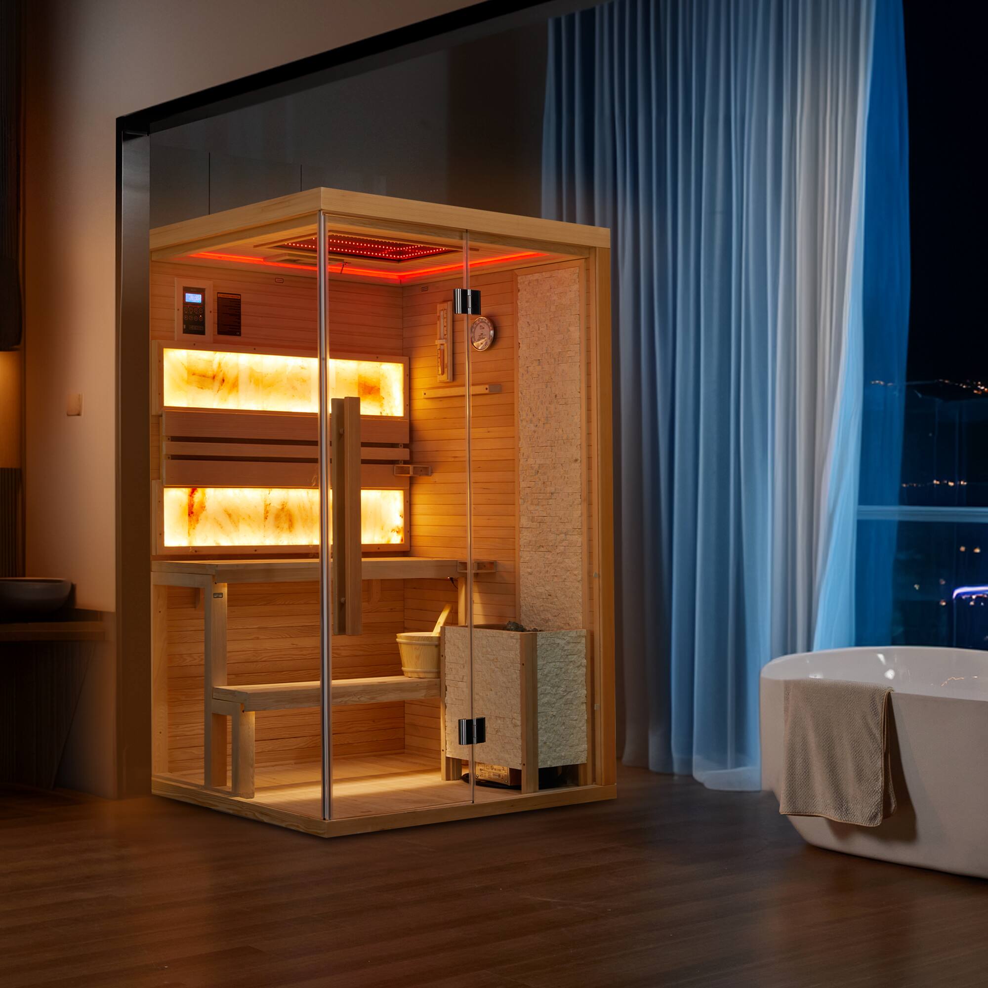 Alt View 4. U-HOMY - U-HOMY 2-Person Steam Sauna - Energy-Efficient with Chromotherapy, 7-Color LED Lighting & Glass Design - Wood Color.