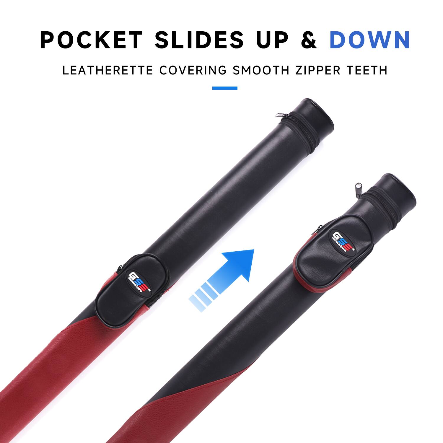 POCKET SLIDES UP & DOWN
LEATHERETTE COVERING SMOOTH ZIPPER TEETH
