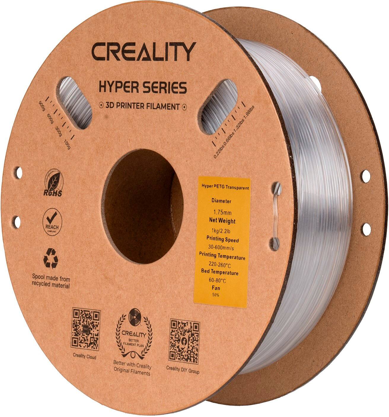 CREALITY HYPER SERIES 3D PRINTER FILAMENT 900g 3D PRINTER FILAMENT 32lb - 100g 0.22kbs0 ROHS REACH Spool made from recycled material Hyper PETG Transparent Diameter .75mm Net Weight 1kg/2 2lb Printing Speed 30-600mm/s Printing Temperature 220-260C Bed Temperature 60-80C Fan 50% Creality Cloud CREALITY BETTER FILAMENT PLAN Better with Original Creality Filaments Creality DIY Group