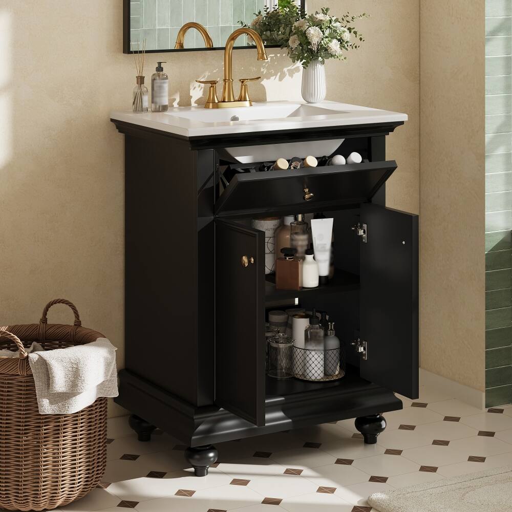 Back. Loheer - Loheer 24 inch black bathroom vanity with Ceramic Sink, Modern Bathroom Vanity with Tip-Out Drawer & Soft Close Hinges - Black.