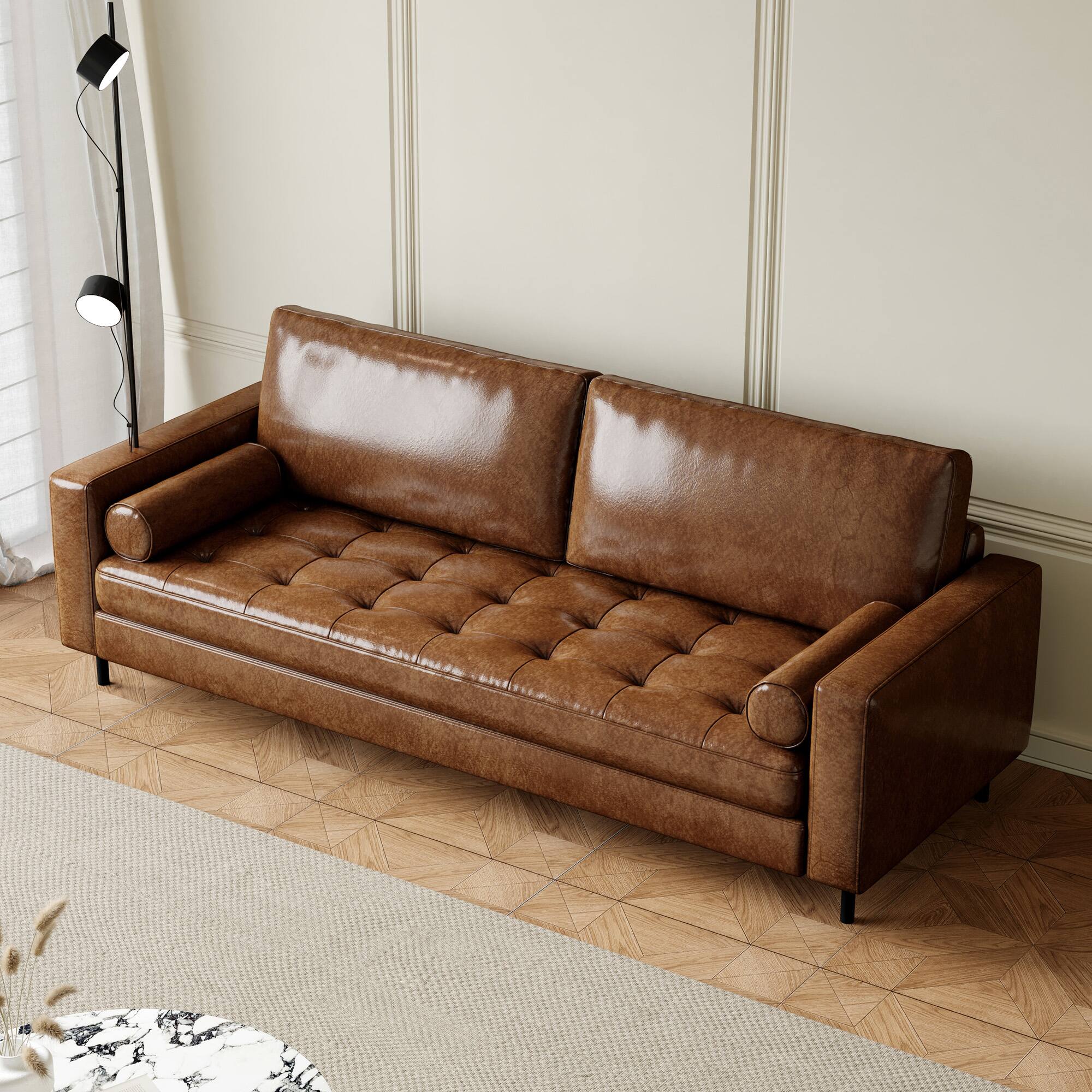 Left. luck idea - 80.31" High-End Vintage Oil-Waxed Leather Sofa, Couch,Durable Solid Frame & Ergonomic Comfort Seating for Living Room - Brown.