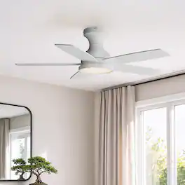 Siljoy - 42 Inch 5 Blade Farmhouse Low Profile Flush Mount Ceiling Fan with LED Light and Remote for Bedroom Living Room - White