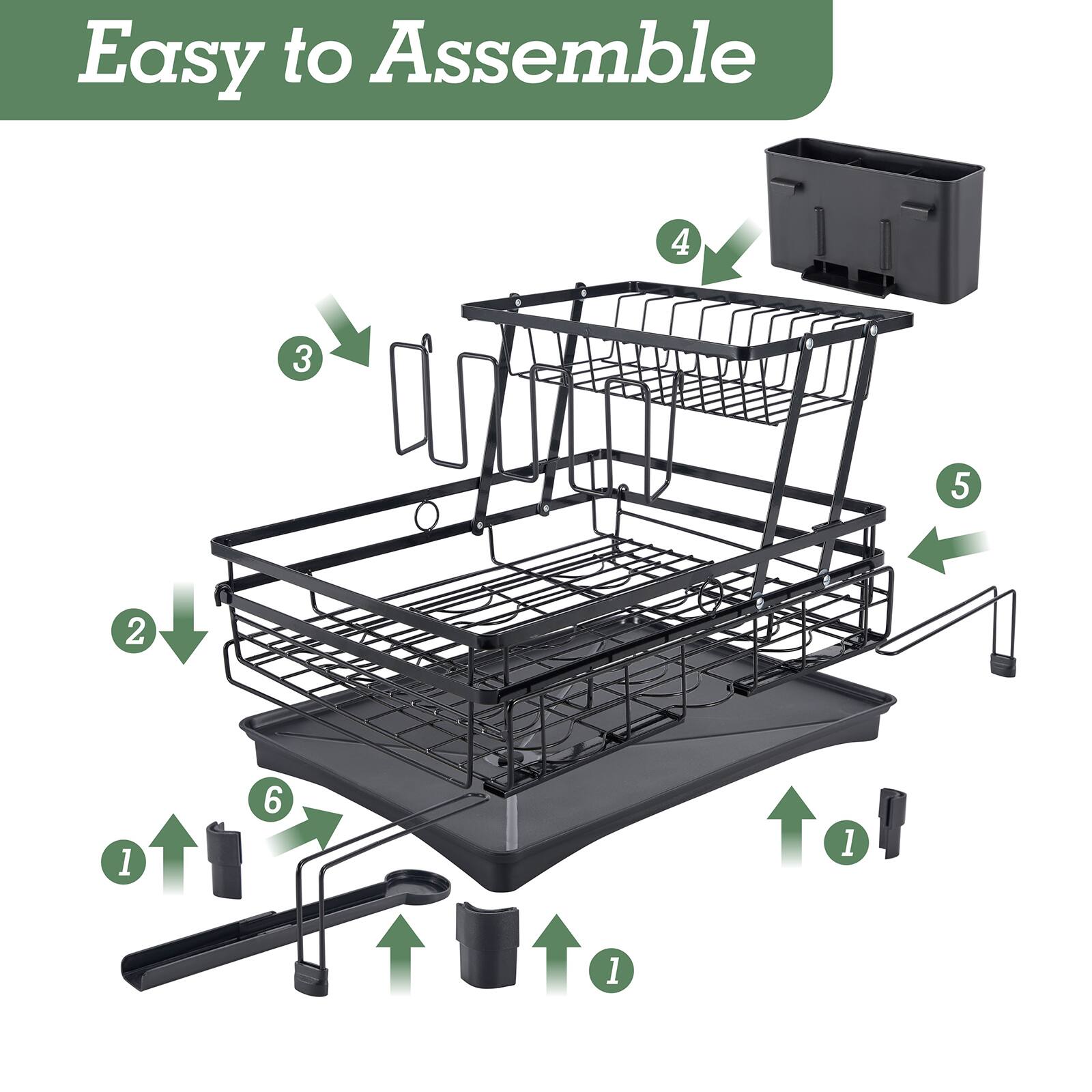 Easy to Assemble

1. Attach the legs
2. Attach the shelves
3. Attach the side rails
4. Attach the top basket
5. Attach the side baskets
6. Attach the bottom tray