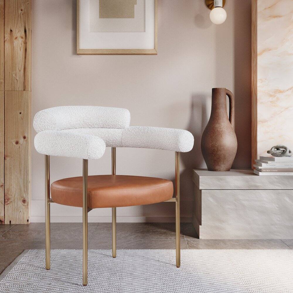 Alt View 1. Meridian Furniture - Blake Cognac Vegan Leather / Cream Boucle Fabric Dining Chair, Set of 2 - Brown.