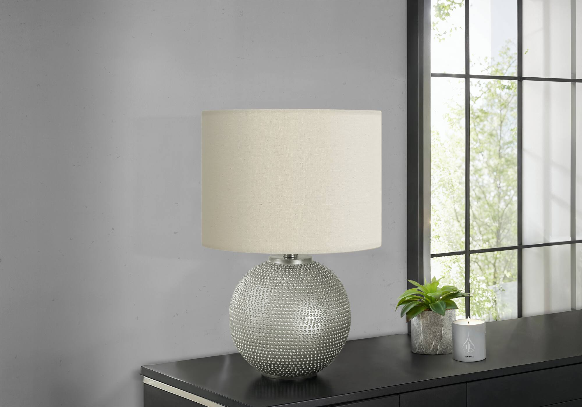 Back. Luckbyte - 19 Inch Grey Resin Table Lamp Ivory Cream Shade Modern Decor Lighting.