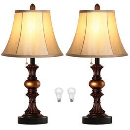 Pawtners - Set of 2 Traditional Table Lamps, Vintage Bronze Bedside Lamps with 3-Color Temp LED Bulbs & Pull Chain