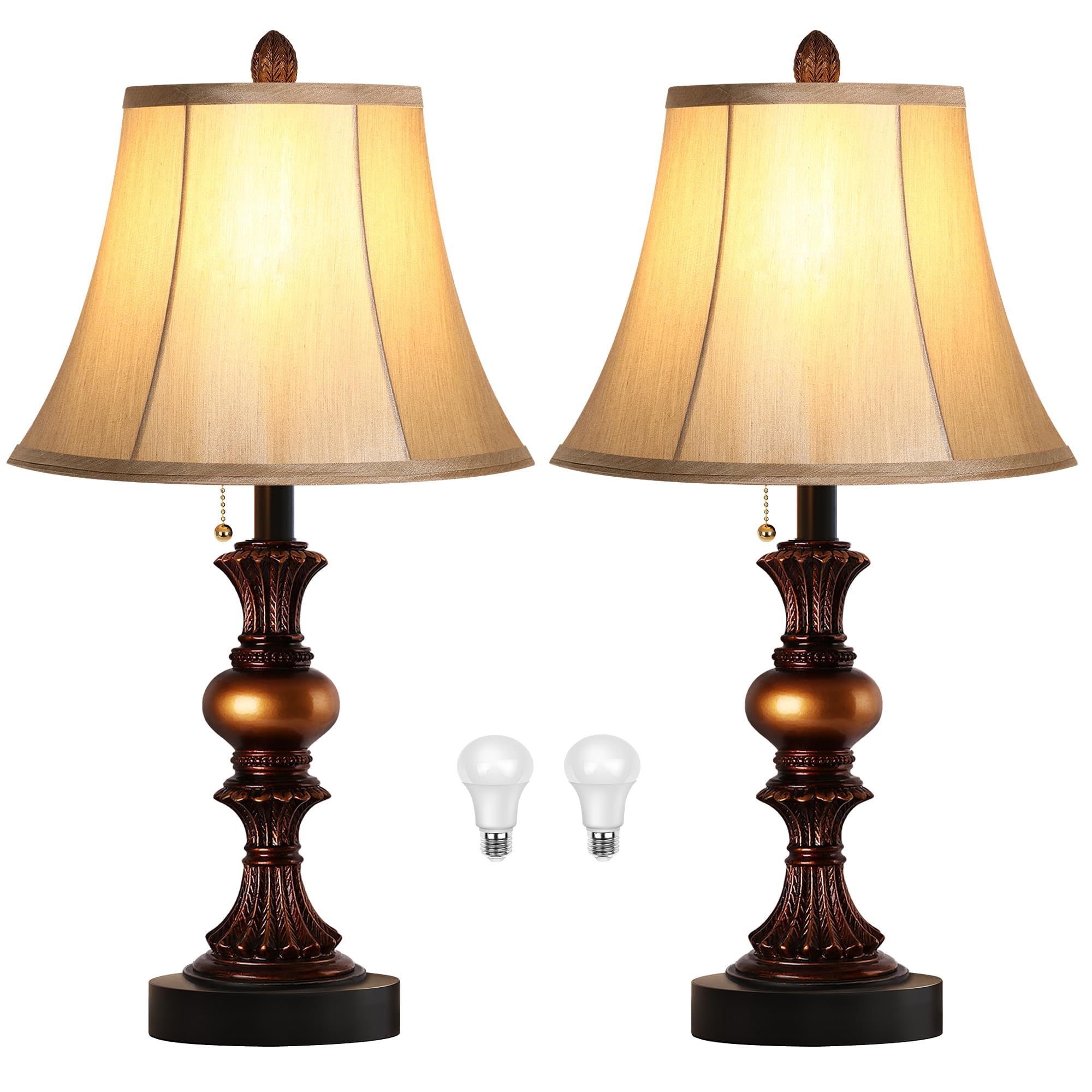 Front. Pawtners - Set of 2 Traditional Table Lamps, Vintage Bronze Bedside Lamps with 3-Color Temp LED Bulbs & Pull Chain.